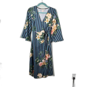 A Calin Flying Tomatos Floral Stripe Dress Wrap Flared Sleeves Blue Festival S